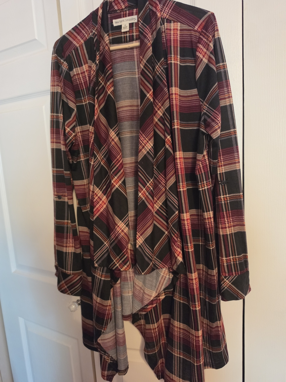 New York Laundry Black and Burgundy Plaid Drape Open Front Cardigan